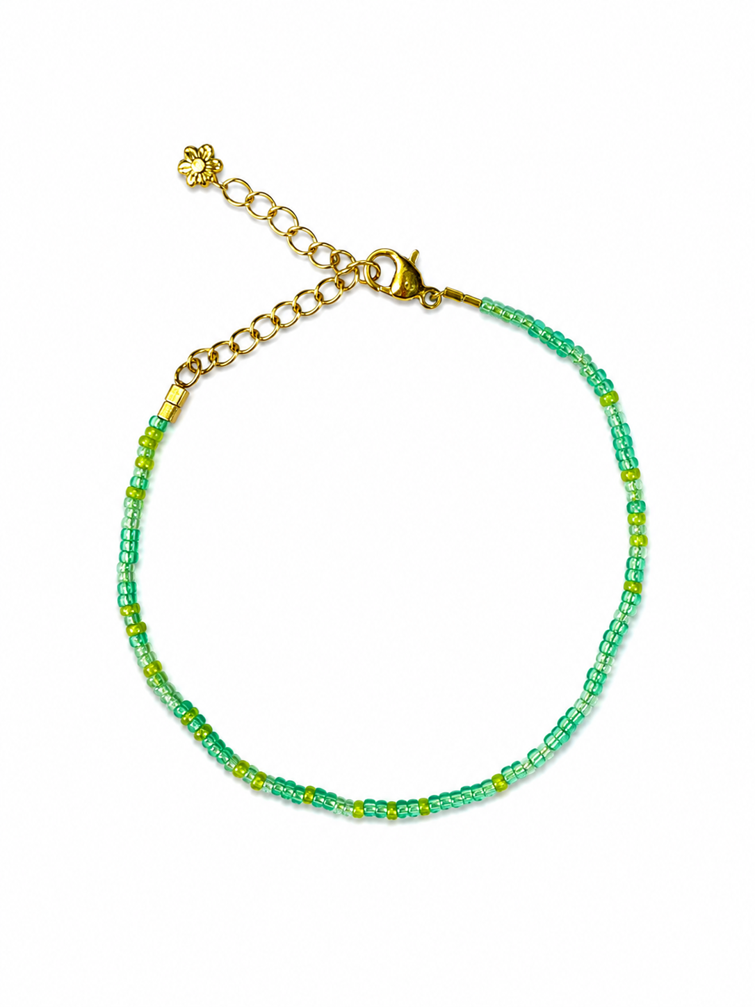 Lime Glow Anklet – green and lime beaded anklet with gold clasp