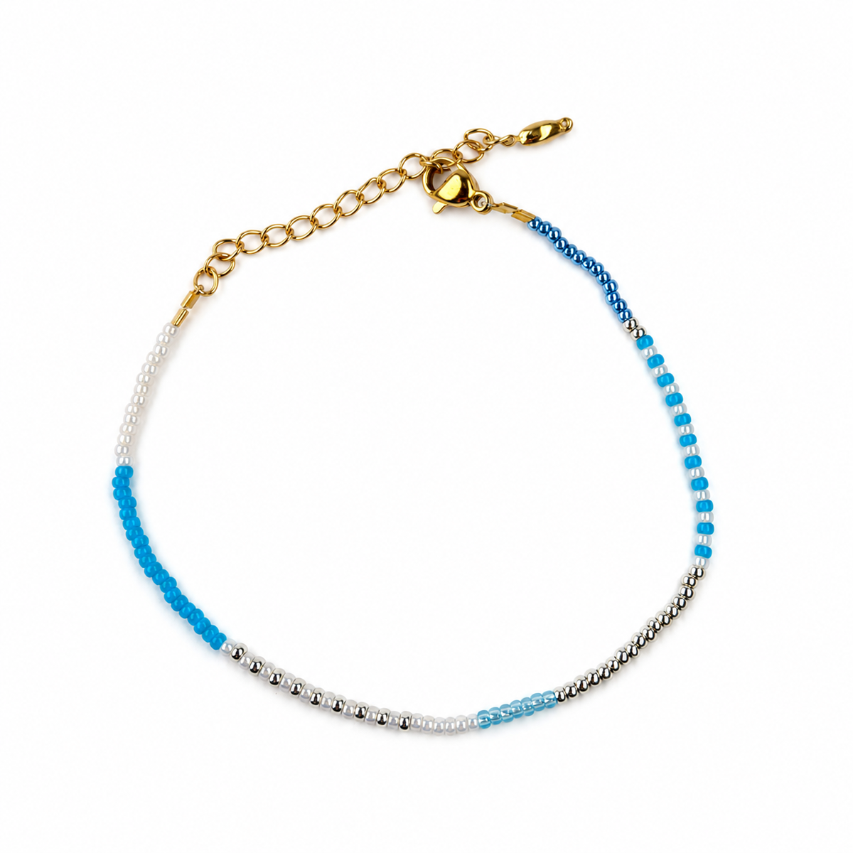 Silver Wave Anklet – blue, white and silver beaded anklet with gold clasp