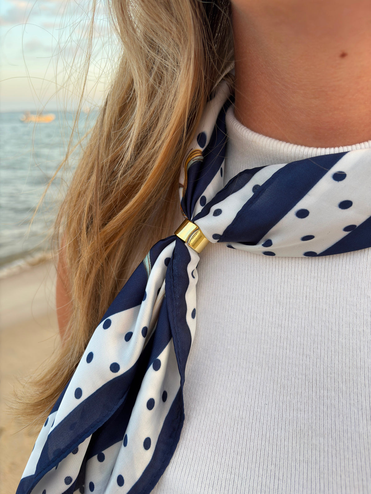 Marinère Scarf worn as neckerchief at the beach